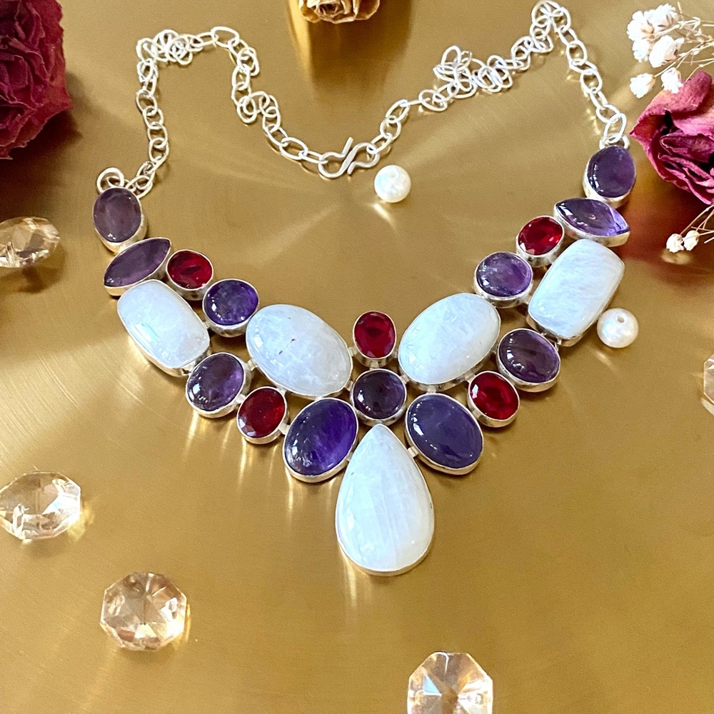 Rainbow Moonstone, Amethyst And Garnet Cluster Necklace - Picture 13 of 13